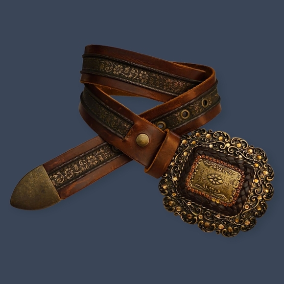 LEATHEROCK Brown Leather Floral Chain Ornate Brass Buckle Leather Belt - Picture 1 of 13